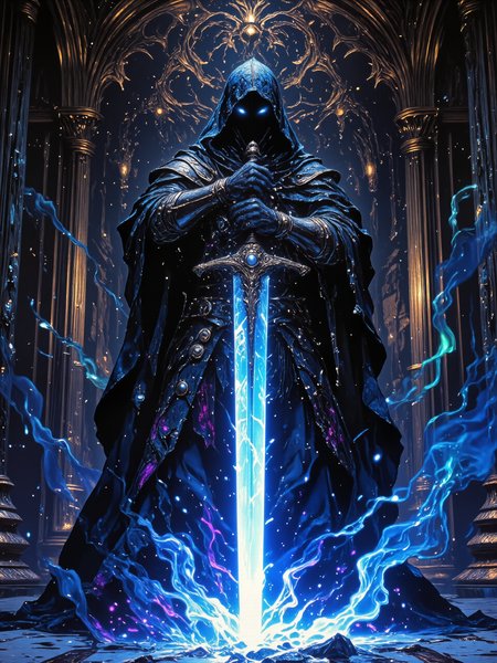 photorealistic masterwork digital painting, hyper-realistic, low-angle shot, from below, highly detailed, intricate, fractal, and iridescent, perfect hands, blade of cold blue fire, capturing the imposing figure of a towering, hooded lich clad in symmetrical ornate knight armor with a large billowing cape, his piercing two eyes glowing with bright blue fire, he holds a long, elegant, symmetrical flaming greatsword with both hands, one hand above the other, its thin blade forged from azure fire that emits an ominous, cold glow, the tip of the blade hits the gorund, causing a burst of magic blue fire, the scene is set in an ancient castle's shimmering opulent and luxurious marble grand hall, where magical vapors rise from the ground and swirl lazily throughout the room, dim, atmospheric lighting originates primarily from the glowing greatsword and the iridescent magical vapors, casting intricate shadows and enhancing the mysterious, otherworldly aura of the lich, the composition emphasizes dramatic scale and texture, with a focus on the interplay of light and shadow, intricate fractal details of the armor and marble, and an eerie spectral glow that illuminates every facet of the scene, wide crossguard, long grip, the color palette consists predominantly of night blue, black, gold, cyan, azure, aquamarine, and deep purple accents, frank frazetta, r3alisticf, ne0nfant4sy, midjourney_whisper_avant_couture
<lora:style-frank_frazetta-flux-by_artikuz_ai:0.4> 
<lora:style-mythic_fantasy-realistic-flux-by_velvets:0.96> 
<lora:style-neon_fantasy-flux-by_neowave:0.4> 
<lora:epic_gorgeous_details-balance-flux-by_flyway:0.4> 
<lora:midjourney_whisper_avant_couture-flux-by_aihonobono2023:0.4>