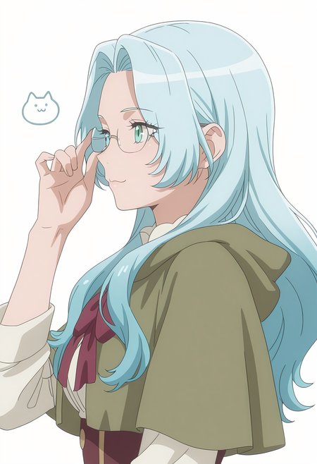 Smooth Quality,masterpiece, ultra realistic,
simple background, white background,
from side,:3,Adjusting eyewear,
 <lora:EvaLuria:0.8> Eva/Cnn, Sist2/Cnn, 1girl, glasses, long hair, blue hair,green capelet,glasses,