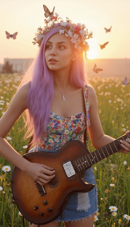 Generate a photorealistic image of a 1960s hippie girl taken with a camera made in that era. 

She has long, flowing violet hair with a flower crown. 

She wears a denim mini skirt with colorful colors and flamboyant patterns. She is wearing a peace sign necklace.

She is playing an acoustic guitar, surrounded by daisies and butterflies. The sun is setting behind her, casting a warm glow on the scene.

She has realistic skin that is not flawless. She has Misty green eyes. She has a curved nose. She has a double chin. She has a plump Relaxed breasts. She has natural unshaven body hair.  She has not recently showered, her skin may be a little bit dirty. She wears little make-up except for her lip gloss.  She has painted fingernails