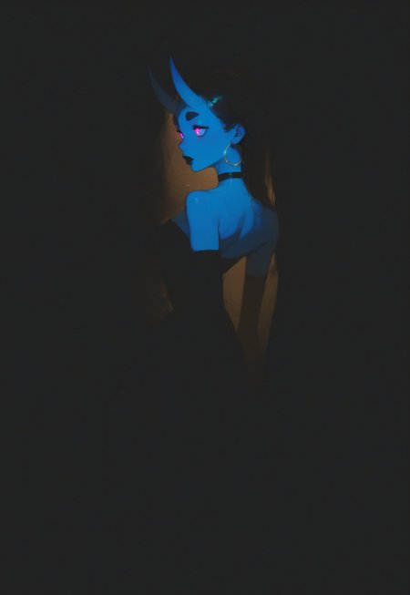 (Blend_in, black background), score_9, score_8_up, score_7_up, masterpiece, best quality, absurdres, vibrant, highly detailed, very aesthetic, sidelightning, mature, beautiful, stunning, 1girl, solo, Kuroni Black, colored skin, deep blue skin, Aka-Oni, oni girl, straight horns, black hair, long hair, pink eyes, glowing eyes, short thick eyebrows, (((adult))), thin gold hoop earrings, black satin choker band, (black lips:1.2), black evening dress, elbow gloves, black clothes, bare shoulders, looking to the side, head turned to the side, arms at sides