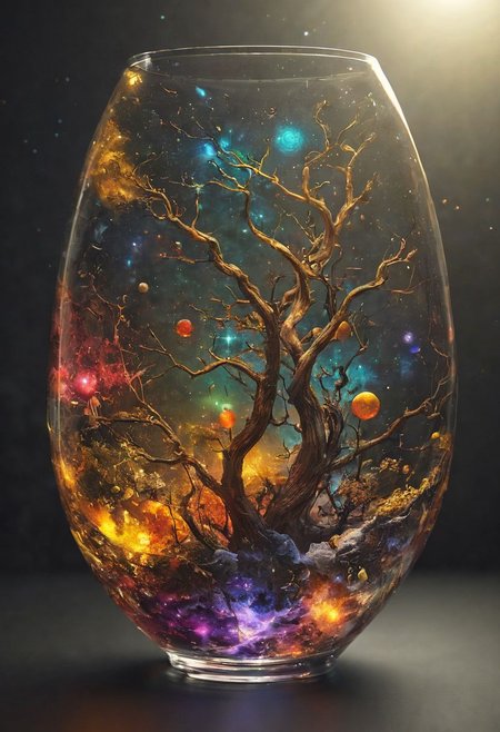 What if there was a solar system inside a large glass vase emanating the bright colors of the galaxy and a incredible tree full of stars around it came out of the vase?
Wide range of colors., Dramatic,Dynamic,Cinematic,Sharp details
Insane quality. Insane resolution. Insane details. Masterpiece. 32k resolution.
<lora:add-detail-xl:0.95> <lora:dvr-lnds-sdxl:0.3> dvr-lnds-sdxl <lora:MJ52:0.25> <lora:ral-apoctvisn-sdxl:0.3> ral-apoctvisn <lora:zavy-cntrst-sdxl:0.35> dark, chiaroscuro, low-key <lora:zavy-rmlght-sdxl:0.41> zavy-rmlght <lora:SDXLFaeTastic2400:0.225>