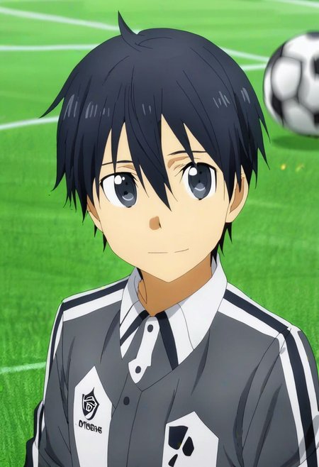 high resolution, professional photography, solo, best quality, 1Boy, Kazuto Kirigaya, Black Hair, Black Eyes, Soccer Boy, soccer player, field, potrait, depth of field, happy, tired, celebration, OverallDetail