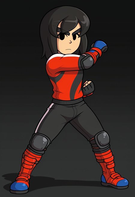 score_9, score_8_up, score_7_up, masterpiece, best quality, amazing quality, Mii_Brawler, Mii, 1boy, solo, black hair, black eyes, no pupils, 2d_brawl, brawl_clothes, fighting stance, pose, animification