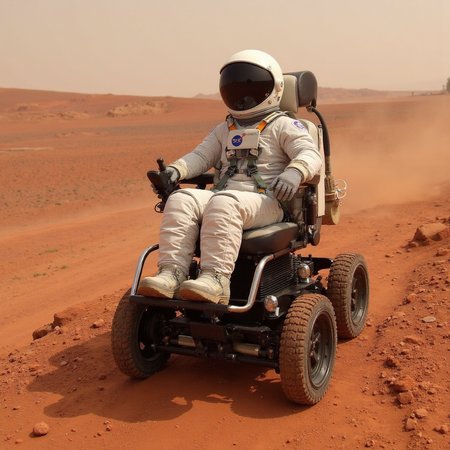 realistic photo of a astronaut riding in an off road wheelchair, on mars, red dirt, red planet, alien planet, nasa style, space and scifi,  ultra high quality, sharp focus, highly detailed,  <lora:Off_Road_Wheelchair_FLUX:1>,