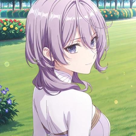score_9, score_8_up, score_7_up, dynamic view, eye_focus, solo, looking_at_viewer, 1girl, 
masterpiece, best quality, bokeh, luminescent background,
( philiaa denauer,  purple hair, ahoge, long hair, blunt bangs, hair over shoulder, hair betveen eyes, purple eyes, small breasts,   closed mouth, serious face,    dress, two-tone dress, purple dress, white dress, sidelocks, long sleeves, white shoes,
 ),
 solo, from behind, outdoors, garden, flower, red flower, blue flower, purple flower, yellow flower, looking back, smile