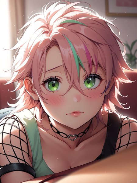 <lora:happy_tentacle-giupurin-v0.3-000010:0.9>, ht_giupurin, pink hair, green eyes, streaked hair, choker, tank top, fishnet top, short shorts, heart o-ring, o-ring thigh strap , upper body, 1girl, (petite:1.2), solo focus, shy, blush, (looking away:1.1), indoors , , (depth of field:0.8), (from below:0.8), [(realistic, photorealistic:1.2):(realistic:1.3):22], [(3d:1.2)::10], <lora:LUUNA's Lunas-NijiJourney-SDXL-B2:0.6>, nijijourney, <lora:prgfrg23's Counterfeit-V3.0 Style SDXL_LoRA_Pony Diffusion V6 XL:0.3> <lora:mfcg's mfcgXL:0.1> <lora:Shed_The_Skin's StS_age_slider_v1_initial_release:-1>, score_9, score_8_up, score_7_up, score_6_up, score_5_up, score_4_up,