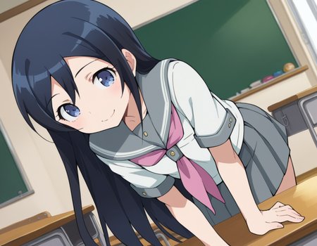 score_9, score_8_up, score_7_up, source_anime,
ayasearagaki, <lora:ayase-aragaki-s2-ponyxl-lora-nochekaiser:1>,
ayase aragaki, long hair, blue eyes, black hair, hair between eyes,
skirt, school uniform, serafuku, shirt, white shirt, grey sailor collar, grey skirt, pleated skirt, neckerchief, pink neckerchief,
indoors, classroom, bent over, smile,
looking at viewer, cowboy shot, solo, dutch angle,