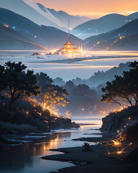 (masterpiece:1.4), (intricate details:1.4), (hyperrealistic:1.3),(painting:0.9),(fantasy landscape:1.3),
Chinese Ink Wash: (simplified brushstrokes), (monochrome gradients), (negative space), (traditional "Gou, Cun, Dian, Ran" techniques) :cite[7],
Mangrove swamp with tangled roots and egrets,  
Thunderstorm with anvil-shaped cumulonimbus,  
Stratus blanketing coastal cliffs,  
Sunset alpenglow on snowcaps, 
Star dunes shaped by winds,  
Volcanoes erupting liquid starlight,
Telescopes tracking phantom galaxies,
Wind carrying whispered algorithms,
( f/1.4, shutter speed 1 sec, iso400, white balance auto, exposure compensation    "-2.0 ev", aperture priority shooting mode, symmetry and balance, focus mode continuous, center-weighted metering:1.2),
<lora:JuggerCineXL2:1>,
 <lora:add-detail-xl:1.15>,
 <lora:WildcardX-XL-Detail-Enhancer:0.8>,
 <lora:sdxl_lightning_8step_lora:1>,
<lora:EnvyDramaticLightingXL02_photo:0.4>,
 <lora:xl_more_art-full_v1:0.6>,
 <lora:游戏概念场景（二次元方向）:0.15> HEZI ,
<lora:landscapes:0.3>,