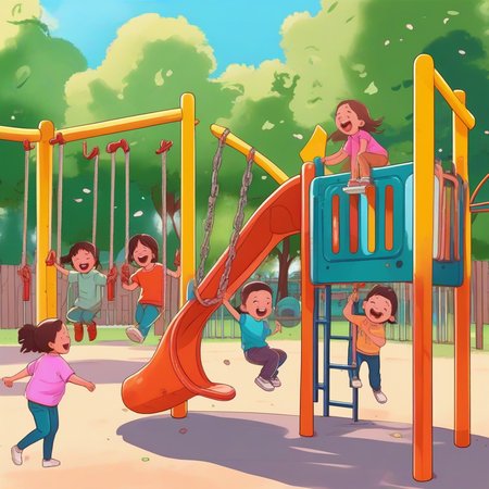 a group of joyful children playing in a park's playground. The scene should be vibrant and full of life, with children of various ages engaging in different activities. Some could be swinging on the swings, others climbing on the jungle gym, <lora:nanase_v1:0.9>,and a few might be sliding down the slide. The expressions on their faces should radiate pure joy and excitement. The background should depict a sunny day with clear blue skies, and the playground equipment should be colorful and well-maintained. Trees and greenery should frame the playground, adding to the wholesome atmosphere