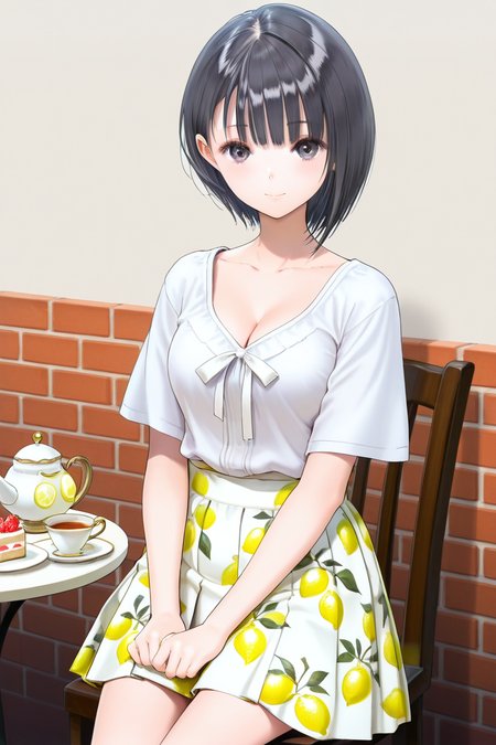 <lora:Shirai_Hinako_Blue_Reflection_illus:1>Shirai Hinako, lemon print skirt, casual outfit, 1girl, solo, looking at viewer, short hair, bangs, skirt, shirt, black hair, cafe background, closed mouth, sitting on the chair, table with sponge cake teapot and cup of tea, collarbone, white shirt, short sleeves, cowboy shot, medium pleated skirt, food, black eyes, gradient, fruit, bob cut, white skirt, lemon print skirt, anime color, cleavage, seductive smile, young-adult,  <lora:Add_more_details_pony:0.8> brick wall,