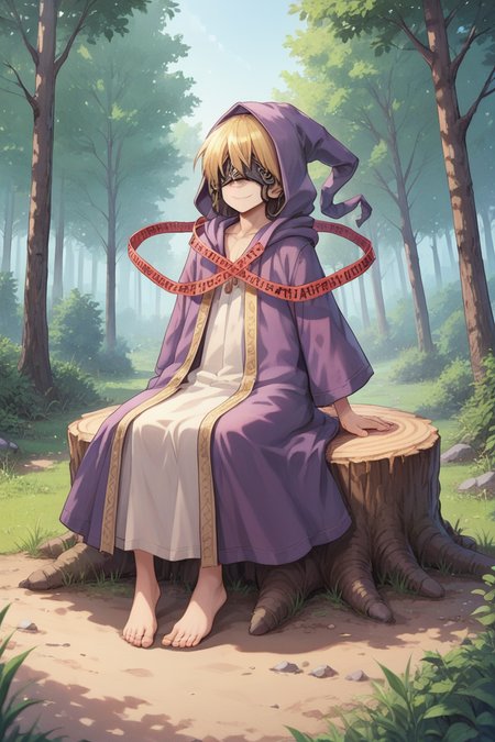 (score_9, score_8_up, score_7_up, score_6_up), source anime, BREAK, solo,  <lora:Nessiah-000013:0.50> , nesdef, 1boy, blonde hair, mask, covered eyes, hooded robe, hood up, robe, purple robe, caution tape, red caution tape, chain, cuffs, exterior, forest, trees, fortress, castle, full body, (sitting on stump), (hands behind back), smile, closed mouth,  <lora:zy_Detailed_Backgrounds_v1:0.5> , detailed background, highly detailed,   <lora:backgroundsetXL:0.4> , background,  <lora:m4gXLP:0.6> , m4g,