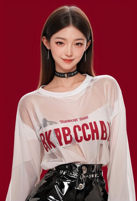 1girl,red background,,ruanyi1006,choker,english text,fashion,fishnets,shirt,see-through,<lora:1006 Home wear 28_v1_pony:1>, score_9, score_8_up, score_7_up, score_6_up, score_9, score_8_up, score_7_up, score_6_up source_anime, blush, 1girl, seduce smile, perfect body , natural huge breasts