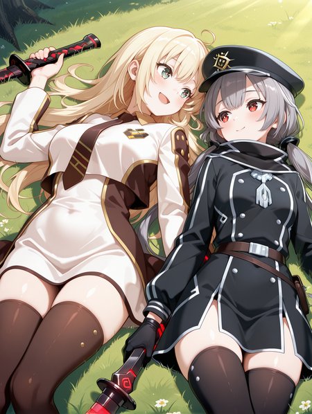 2girls, smile, on back, lying, on grass, looking at another, open mouth, blush, closed mouth, low twintails, outdoors, large breasts, sky striker ace - raye, ordinary uniform, brown hair ornament, white cropped jacket, brown waist cape, white collared dress, brown thighhighs, brown necktie, black katana, holding black katana, sky striker ace - roze, black scarf, black military uniform, black gloves,
masterpiece,best quality,amazing quality,very aesthetic,absurdres,newest,<lora:Sky striker ace - Raye & Roze illusXL v1.1:0.76>,