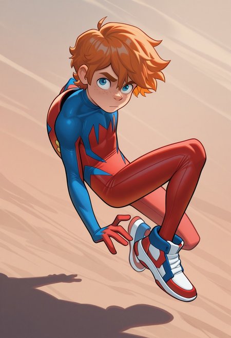 1boy, male focus, cute boy, BaileyBriggs, maskless, Orange Hair, Blue Eyes, Freckles, Spiderboy Costume, Two-tone Bodysuit, Red Bodysuit, Blue Bodysuit, Red Blue Sneakers, cinematic, intricately detailed illustration, depth of field, masterpiece, best quality, amazing quality, very aesthetic, absurdres, newest, very awa, shadow, dynamic angle, casual cosplay, dynamic pose,  action pose,