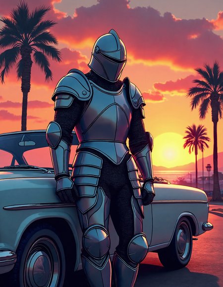 Image in the style of iconic Grand Theft Auto V loading screen, featuring a medieval armored knight as the main character, leaning against a classic car with sunset over palm trees.  Overall image should give impression of professional artwork full of vibrant colors, perfect light and thick outlines, embodying the essence of GTA's thematic imagery.