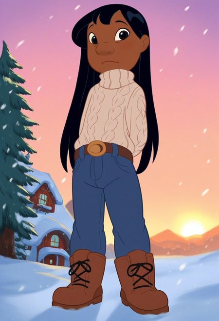 (score_9, score_8_up, score_7_up)(5 fingers,detailed hands:1) 
(masterpiece, best quality, very high quality, ultra detailed: 1.2) 
(2D,show accurate)(solo,alone,one character)
(front,full body view)(focus on face)
(outdoors,snow,forest,behind a wooden house,sunset,snowing) (sunlight, depth_of_field)
(arms behind back,looking at viewer,blowing air,steamy mouth)
(turtleneck puffed sweater,leather belt,blue pants,boots)
(lilo_pelekai:1)( dark skin, black hair, long hair, black eyes)