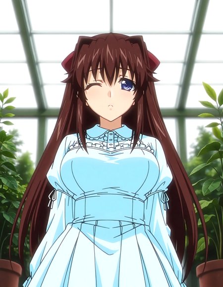 (1girl, solo:1.3), (2girls, 3girls, 4girls, multiple girls, 2boys, 3boys, 4boys, multiple boys:-1.5) <lora:Kuonji_Ningyo_Kojin_Jyugyou_-_Mippei_Suisou_Illustrious:0.9>, kuonji_ningyo, large breasts, blue eyes, brown hair, long hair, hair intakes, bangs, hair between eyes, long sidelocks, hair bow, hair ribbon, white dress, pleated skirt (pout:0.7), one eye closed, general, contrapposto, dynamic pose, , upper body, straight-on, pov, , (close-up, face focus:1.2), indoors, conservatory, plant garden, (green theme:1.1), plant, potted plant, flower, (perspective:0.7), <lora:NOOB_EPSv1_1_detailer_by_vlnvk_v1_0:1.5>, (photo background:0.7), day, (tachibana yuu:0.6), inue shinsuke, (kazuma muramasa:0.0), saikawa yusa, (aoi manabu:0.6), abarerumidori, (suzui narumi:0.6), masterpiece, newest, absurdres, 8K, anime screenshot, anime coloring, flat color, official art, film grain, <lora:illustriousXLv01_stabilizer_v1.185c:0.7>, <lora:LECO_Solo:-4.0>,
