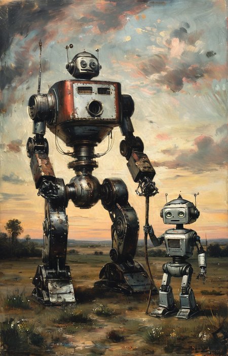 masterpiece,best quality,<lora:tbh291-sdxl:0.9>,illustration,style of Charles-Francois Daubigny portrait of Housework robots