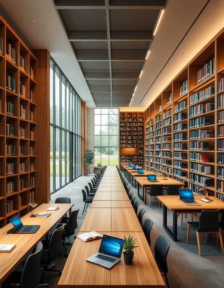 A high-resolution, ultra-realistic photograph of a modern college library interior. The scene showcases a spacious, open-plan design with large floor-to-ceiling windows allowing natural daylight to flood the space. The architectural style is contemporary, featuring minimalist furniture with clean lines: sleek wooden tables, ergonomic chairs in neutral tones (gray and beige), and built-in bookshelves made of light oak wood.
In the foreground, a group of diverse students (varied ethnicities and genders) are quietly studying, some using laptops, others reading books, with focused, calm expressions. One student is sipping coffee from a reusable cup.
The background displays rows of neatly organized books, indoor plants adding a touch of greenery, and modern pendant lights hanging from the ceiling, providing warm, ambient lighting. The floor is covered with soft gray carpet, and large abstract paintings decorate the walls, contributing to a cozy and intellectual atmosphere.
The overall mood is peaceful, studious, and inspiring, with balanced natural and artificial lighting, crisp details, and realistic textures, captured as if by a professional architectural photographer using a full-frame camera.
 <lora:SDXLFaeTastic2400:0.4> <lora:extremely_detailed:0.4> extremely detailed,<lora:modern_c0ll3g3_l1br4ry:1>,modern c0ll3g3 l1br4ry, Masterpiece,best quality,hi res,8k,hi res,8k,award winning,(sharp focus, intricate, highly detailed),