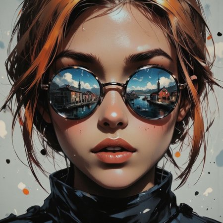 in the style of ck-mgs, nistyle, Special Ink-drawing mode, intricate linework with expressive contrasts, Inkplash art on rice paper, bluetone, henna , Silhouette Art, magnificent, inksplash closeup portrait of stunning woman, blonde hair, mirrorred aviator sunglasses reflecting a seaside town