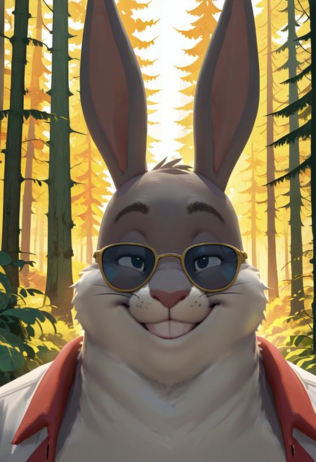 masterpiece, best quality, no humans,   zzBigChungus, smile, looking at viewer,  portrait, close up, sunglasses, smug,   forest,  ,<lora:BigChungusIXL:1.0>,