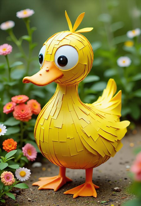 D7CKT4P3, a duck with big squint eyes made from yellow D7CKT4P3, standing near flowers in a green garden, 