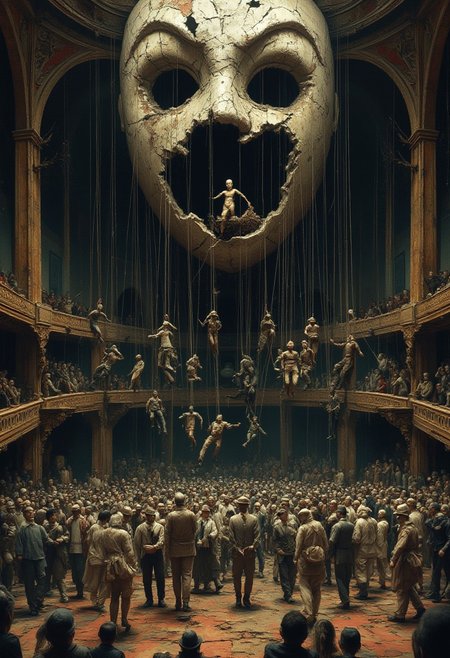 A highly detailed, artistic scene of a massive, decayed marionette theater where humanity itself is the puppet show. High above, unseen hands manipulate strings attached to countless people below—politicians, workers, soldiers, and citizens—each moving in perfect rhythm, unaware of their lack of control. Their hollow eyes and serene faces mask their obliviousness to the strings that bind them. The stage is grand yet rotting, its paint peeling as the performance continues. In the shadows, a few figures have cut their strings, standing freely but looking lost, uncertain of their own movements. Above, a giant, broken mask looms, cracked and crumbling, revealing only an empty void beneath—hinting that even the puppet masters may be blind to their own illusion of control.