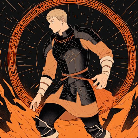 masterpiece, best quality, newest, absurdres, highres,  AGPV1.1, orange backgrond, monochrome,
1boy, laios touden \(dungeon meshi\), blonde hair, short hair, armor,
