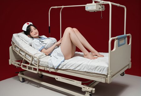 ,ruanyi1124,hospital bed,still life,
red background,nurse,1girl,barefoot,cowboy shot,on bed,<lora:1124 hospital bed_v1_pony:1>, score_9, score_8_up, score_7_up, score_6_up, score_9, score_8_up, score_7_up, score_6_up source_anime, blush, 1girl, seduce smile, perfect body , natural huge breasts