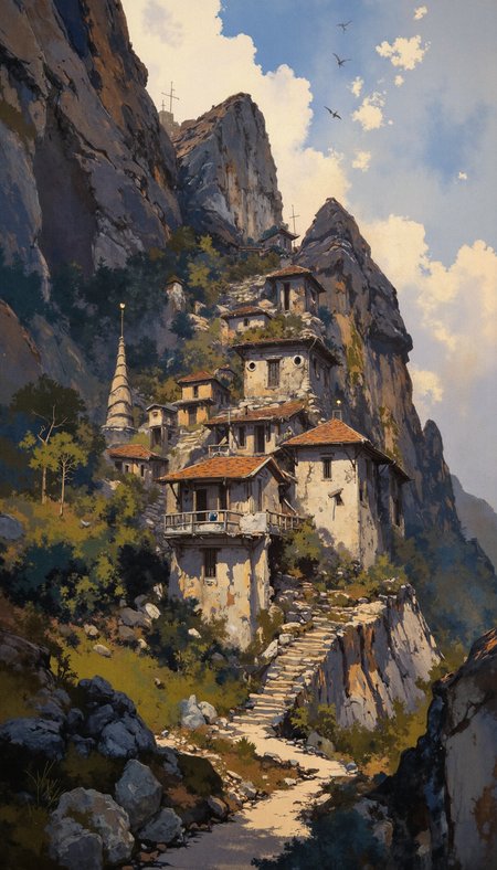 GLOW,intricate tetradic colors in every details,watercolor painting,FLUORESCENT,Rhizocarpon geographicum texture,gold dust, A hyperrealistic rendering of a sprawling, medieval fortress city nestled amongst craggy, verdant peaks. Utilize an aerial perspective, capturing the grandeur of the architecture as it cascades down the mountainside. Render the scene in meticulous detail, showcasing the intricate stonework, fortified walls, and terracotta roofs. Emphasize the interplay of light and shadow, employing a chiaroscuro effect to enhance depth and drama. Introduce a flock of dragons, their silhouettes stark against the luminous, cloud-streaked sky. Employ a muted, earthy palette with strategic splashes of firelight to illuminate the scene. Ensure the image evokes a sense of awe and grandeur, reminiscent of classical fantasy art.