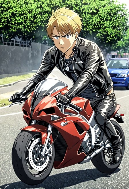 high resolution, solo, best quality, 1Boy, Yamato Ishida, Blond Hair, Necklace, Biker, Riding A Bike, Motorcycle, OverallDetail