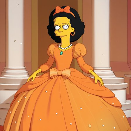 score_9, score_8_up, score_7_up, score_6_up, ballroom, castle ballroom, g1na v3ndetti, multicolored hair, black hair, pink hair, two-tone hair, solo, 1 girl, simpsons, orange hairband with bow, huge orange rococo princess ball gown hoop skirt, huge pannier skirt, ball gown hoop skirt, orange princess dress, hoopdress, my big princess gypsy wedding dress, ballgown, Ba11g0wn, puffy sleeves, long sleeves, a girl in a dress posing for a picture, looking at viewer and smiling,