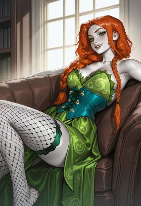 woman flirting, looking at viewer, (((pale skin))), orange hair, freckles, hair in one long braid, big green eyes, (((green silk brocade dress))), ((blue silk corset)), ((fishnet stockings)), wingback armchair, bookcase, window, dust motes, dim lighting, light beam through window