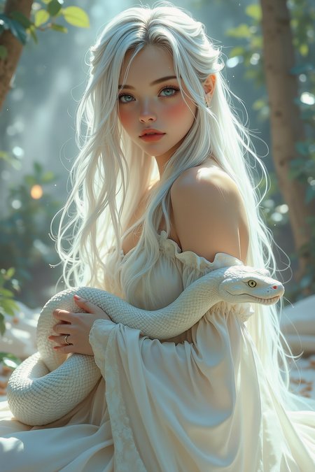 A surreal and hyper-realistic scene featuring a classical beauty dressed in a flowing white silk gown, accompanied by a majestic white snake. The intricate details of her attire and the snake's scales are highlighted, set against a dreamy, ethereal background. The scene is illuminated with soft, magical lighting, enhancing the otherworldly and enchanting atmosphere.
surreal, hyper-realistic, classical beauty, white silk gown, majestic white snake, intricate details, dreamy background, ethereal, soft magical lighting, enchanting, otherworldly, visually stunning, high quality, detailed, sharp clarity, breathtaking, elegant, graceful.
looking at viewer, long hair, white hair,
<lora:Dever_Flux_Enhancer:0.5>
<lora:Midjourney_-_SemiReal_Dreams_FLUX_LoRA:0.75>