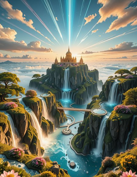 A mesmerizing celestial background featuring an otherworldly paradise. Towering crystalline mountains with peaks that glow softly under a sky painted in shifting hues of iridescent blues, pinks, and golds. Rivers of liquid light flow through vast, open meadows filled with luminescent flowers that pulse with a gentle glow. Gigantic, translucent trees with silver leaves sway in a breeze that carries floating particles of golden dust. Suspended bridges made of shimmering energy connect ancient, floating monoliths engraved with intricate celestial patterns. In the distance, an enormous radiant waterfall cascades into a bottomless, mist-covered abyss, reflecting the surrounding ethereal glow. A tranquil atmosphere, untouched and divine, filled with an overwhelming sense of wonder and serenity.
<lora:SDXLFaeTastic2400:0.4> <lora:extremely_detailed:0.4> extremely detailed,heavenly l4ndsc4p3, <lora:heavenly_l4ndsc4p3-i:1>, Masterpiece,best quality,hi res,8k,hi res,8k,award winning,(sharp focus, intricate, highly detailed),