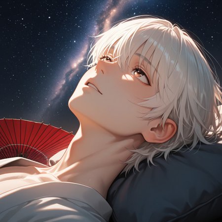 masterpiece, best quality, amazing quality, absurdres, newest, detailed background, definition so sharp, Ultra-HD, 8K cinematic, very awa, impressionate, amazing quality, highres, 
solo, male focus, manly, 
yashiroisana, 1boy, short hair, bangs, shiro_white hair, shiro_brown eyes, oil-paper umbrella, lying down, looking up, dreamy expression, calm, starry sky, glowing orbs, aesthetic, ethereal, playful, serene