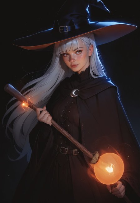 safe_pos, 1girl, silver hair, red lace robes, witch, witch hat, 

magic, glowing, lighting, holding a witches' broom, 

long hair, bangs, small breasts, freckles, freckled,

simple ethereal dark background, glowing orange  constellations, crescent moon, upper body, 

score_8, score_9_up,