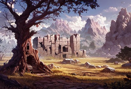 score_9,score_8_up,score_7_up, ultra detail, realistic, 
MOUNTAIN VALLEY, abandoned old stone tower, meadow full of tall grass and wildflowers, large oak tree,