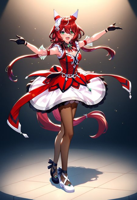 score_9, score_8_up, score_7_up BREAK
shobufuku, 1girl, solo, long hair, looking at viewer, smile, bangs, gloves, dress, animal ears, hair between eyes, bare shoulders, twintails, green eyes, tail, full body, pantyhose, red hair, black gloves, black pantyhose, red dress, brown gloves, dancing, red spotlight, black footwear, white footwear, mismatch footwear, dynamic pose, 
<lora:Win Variation-ponyXL_V1:0.8>,(on Straw thread stage , indoor)