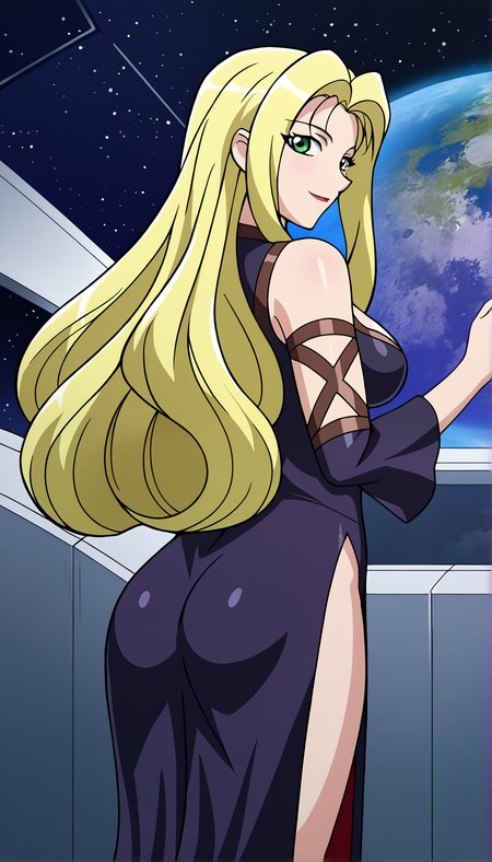 score_9_up, source_anime, jura_basil_elden,dress, 1girl, from behind.facing away. solo, long hair, breasts, looking at viewer, smile, blonde hair, large breasts, indoors, space, navel, cleavage, bare shoulders, side slit. medium breasts, very long hair, green eyes, detached sleeves, black dress,