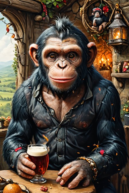 Detailed digital portrait of an anthro Chimpanzee at a Countryside inn with welcoming hearth, <lora:xl_more_art-full_v1:0.5>,  <lora:The_Crazy_Style:0.7> <lora:anthro_muscular:0.7>