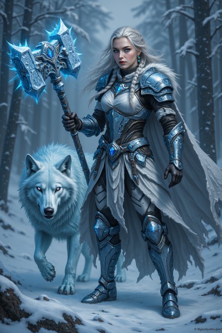 Midjourney_Whisper, A female warrior of ice and vengeance, the Frostbound Valkyrie emerges from the frozen tundras clad in glistening armor forged from enchanted permafrost. Her braided silver hair carries the chill of eternal winter, and her breath fogs the air with each exhale. Her piercing ice-blue eyes shine with the determination of a thousand battles. In her hand, she wields a colossal frost-encrusted warhammer, its head shimmering with a frozen aura capable of shattering even the strongest defenses. A spectral wolf, composed of swirling snow and ice, stalks at her side, its eyes glowing with a feral light. Wherever she treads, frost blooms and the whispers of fallen warriors drift on the icy wind.
