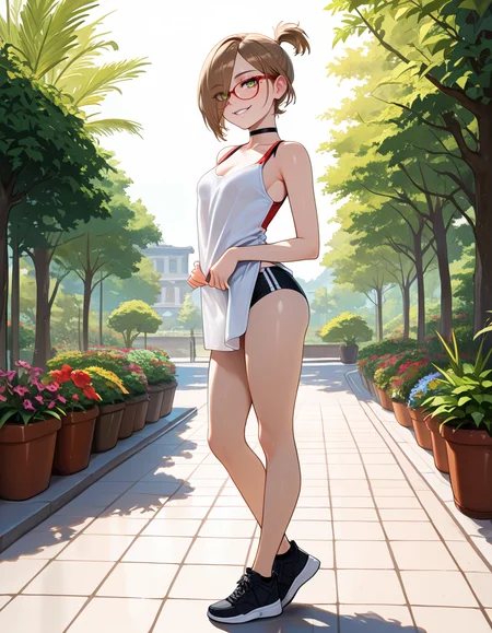 masterpiece, best quality, very aesthetic, absurdres,
outdoors, 
full body, posing, 
seductive smile, parted lips, long eyelashes,
 <lora:Darcy_Redd_v01_NAIXL:1>
D4rcy_r3dd,1girl,solo,short hair,brown hair,ponytail,hair over one eye,red-framed eyewear,green eyes,mole under eye,choker,