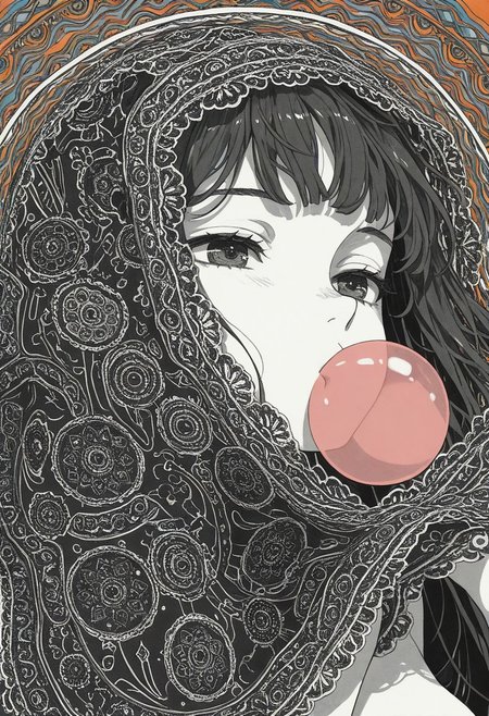 face focus, 1girl, chewing gum,puffy cheeks,, blowing bubble, detailed eyes, holding veil, lifting veil, fine fabric detail, celluloid, close up, floating,, color coordination, greyscale with colored background, ((depth)),  good composition, masterpiece, best quality, through medium, limited palette,
revealing layer, abstract background, mandala, (illustration.media:1.1), (yanje:0.8), molatoliamu, seraphitalg,