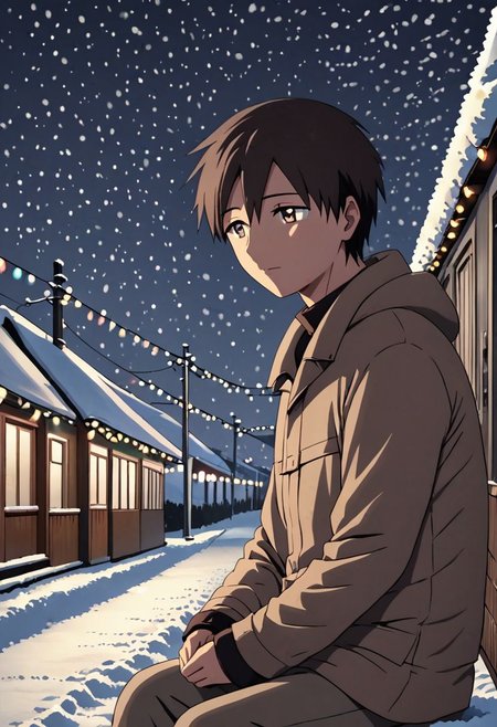 high resolution, solo, best quality, 1Boy, Takaki Toono, Brownish Hair, Brown Eyes, winter, Northern Lights, Stargazing, OverallDetail