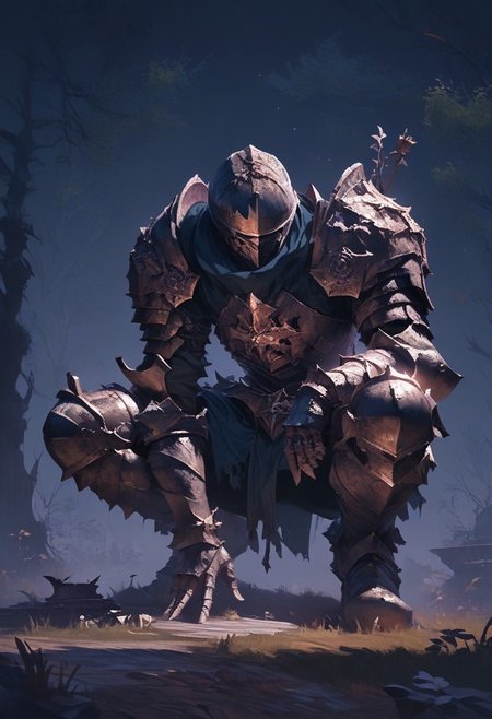 score_9_up, score_8_up, score_7_up, high resolution, high quality, masterpiece, ultra detailed, concept art, arm0rs3nt1n3l, gwentstyle,
Dark night, 
Giant tree background, two slates on the side
Swords jammed on ground, wounded, Full armor, plate armor,