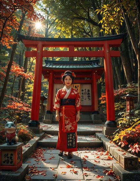looking at viewer,A graceful Japanese (woman:1.4) standing in front of a traditional Inari shrine,arms behind back, wearing an elegant mauve kimono adorned with intricate floral patterns. Her dark hair is styled in a classic updo, decorated with delicate kanzashi hair ornaments. She has a serene and contemplative expression as she gazes towards the shrine. The scene is set in the late afternoon, with soft golden sunlight filtering through the vibrant red torii gates that create a tunnel leading to the shrine. The ground is covered with autumn leaves in warm shades of red, orange, and yellow. Stone fox statues, draped with sacred red bibs, guard the entrance, adding to the shrine's mystical aura. Traditional stone lanterns emit a soft, warm glow, enhancing the spiritual and tranquil ambiance. The background features lush greenery, contrasting with the shrineâs vivid vermillion hues. The image is in a photorealistic style, with high dynamic range lighting, capturing every intricate detail from the fabricâs texture to the play of light and shadows, evoking a sense of peace and tradition.
<lora:SDXLFaeTastic2400:0.4> <lora:extremely_detailed:0.4> extremely detailed, <lora:Inari_shr1n3:1>,Inari shr1n3, Masterpiece,best quality,hi res,8k,hi res,8k,award winning,(sharp focus, intricate, highly detailed),