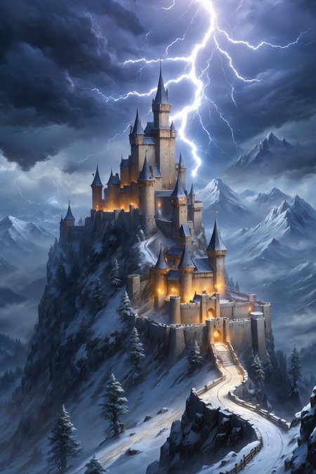 high mountain, castle, towers, (snow storm:1.3), night, lightning, clouds <lora:surrealityLoraVersion_1:1>, (masterpiece:1.2), best quality, (hyperdetailed, highest detailed:1.2), high resolution textures, <lora:EnvyBetterHiresFixXL01:1>