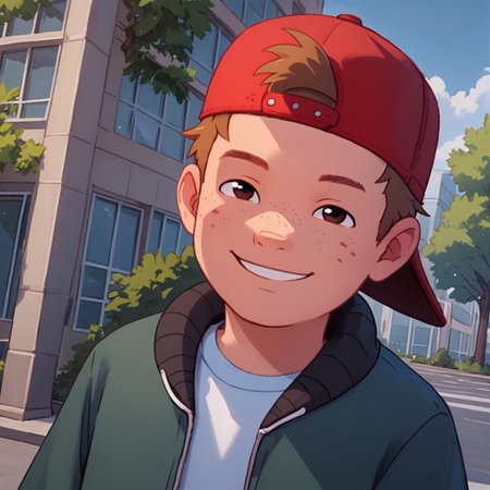 score_9, score_8, score_7, Expressiveh, young, looking at viewer, perfect face, colorful, dramatic angle,  school yard, bluejeans, school building in background, , smile, red hat, backwards hat, shirt, jacket, brown hair, freckles, 1boy, solo, full body.