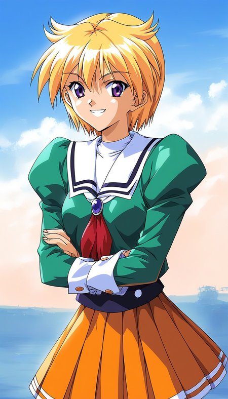 score_9, score_8_up, score_7_up, source_anime, rating_explicit, BREAK  <lora:Ijuin_Mei_XL:1> Ijuin_Mei, blonde hair, short hair, purple eyes,
1girl, solo, skirt, v arms, orange skirt,  pleated skirt, 1990s (style), school uniform, smile, green long sleeves, white shirt,
day, sky,